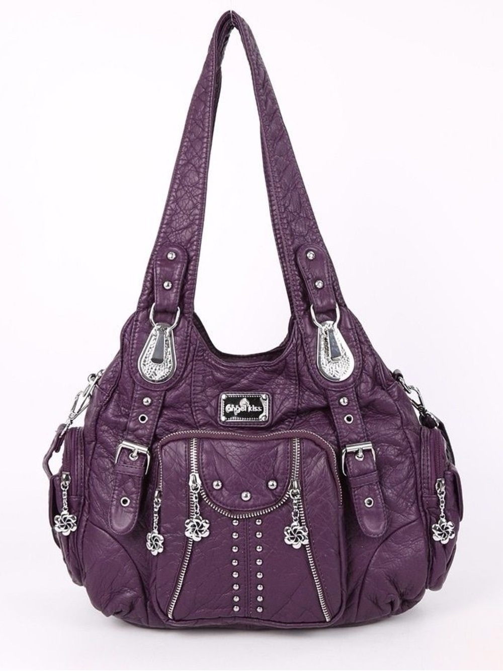 Angel Kiss Purple Studded Shoulder Bag with Floral Zip Pulls